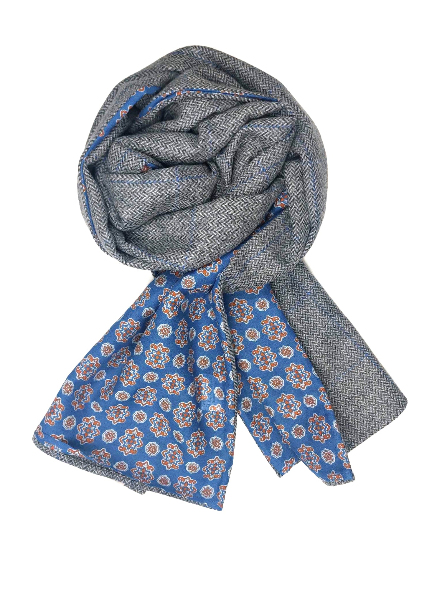 Cashmere Check Men's Scarf with ornamental geometric Print on Cotton & Silk