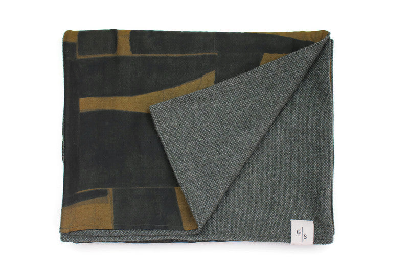 Men´s Scarf in soft dark green Wool with Batik style Print on Cotton & Silk