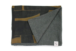 Men´s Scarf in soft dark green Wool with Batik style Print on Cotton & Silk