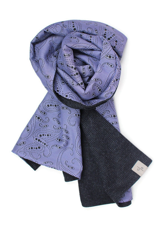 Men´s Scarf Anthracite Wool Check with Paisley Print on Cotton & Silk