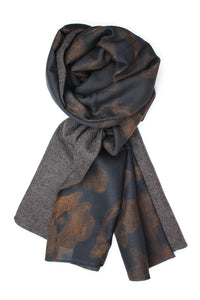 Men´s Scarf in dark brown Wool with Batik style Print on Cotton & Silk