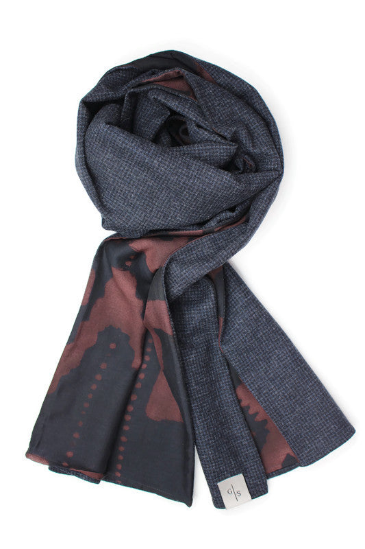 Men´s Scarf Anthracite Wool Check with Batik style Print on Cotton & Silk