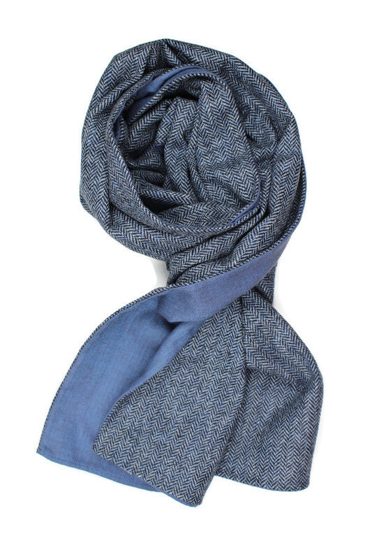 Herringbone Wool Men´s Scarf in blue combined with soft Cotton