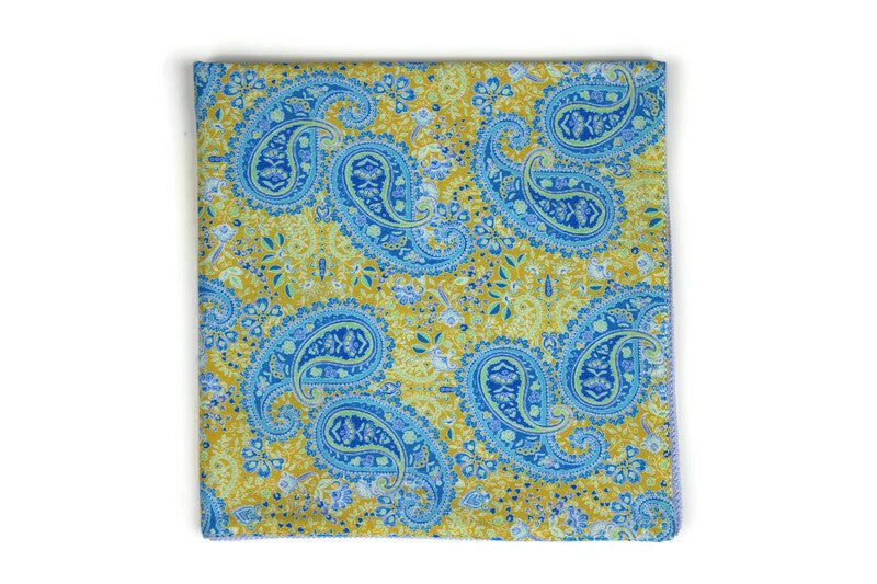 Pocket Square Paisley Blue & Yellow Printed Cotton