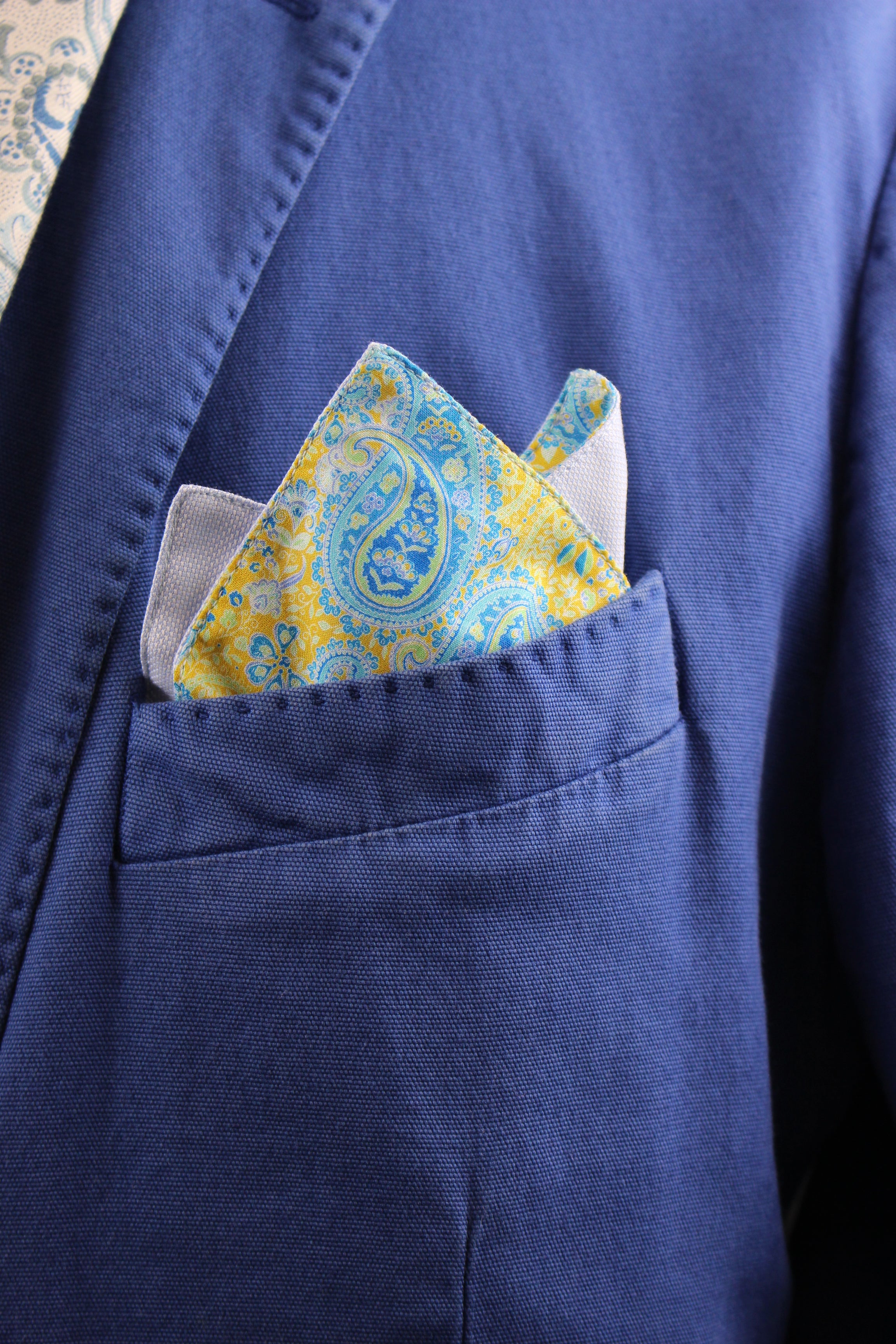 Pocket Square Paisley Blue & Yellow Printed Cotton