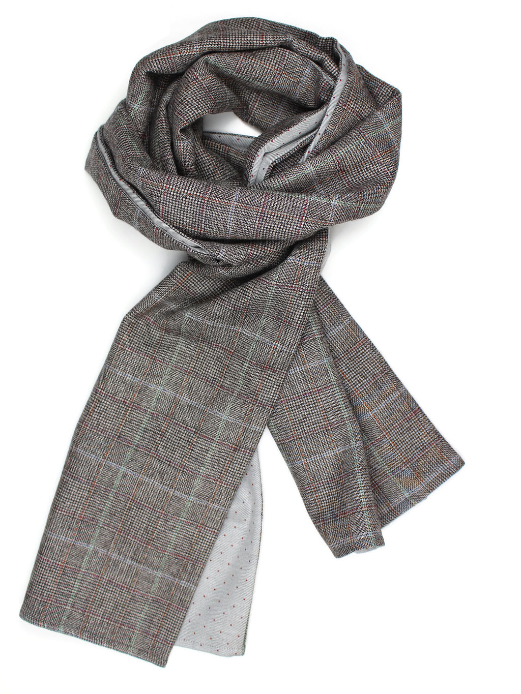 Casual combination of a super fine Prince of Wales Check and a soft grey Cotton printed with tiny red dots Men´s Scarf