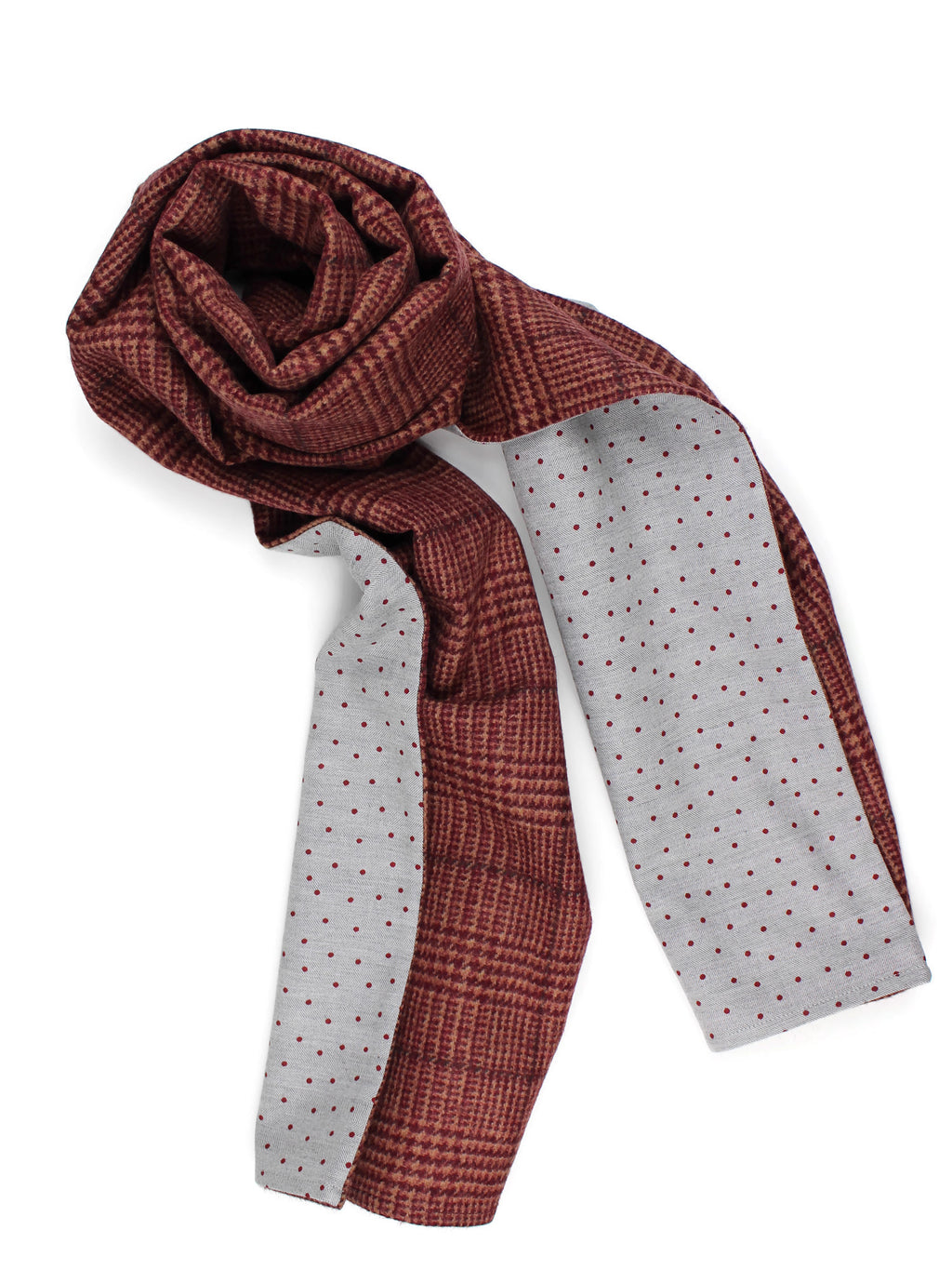 Beautiful Men´s Scarf combination of the classic Wool Check in bordeaux tones and a soft grey Cotton with printed small red dots